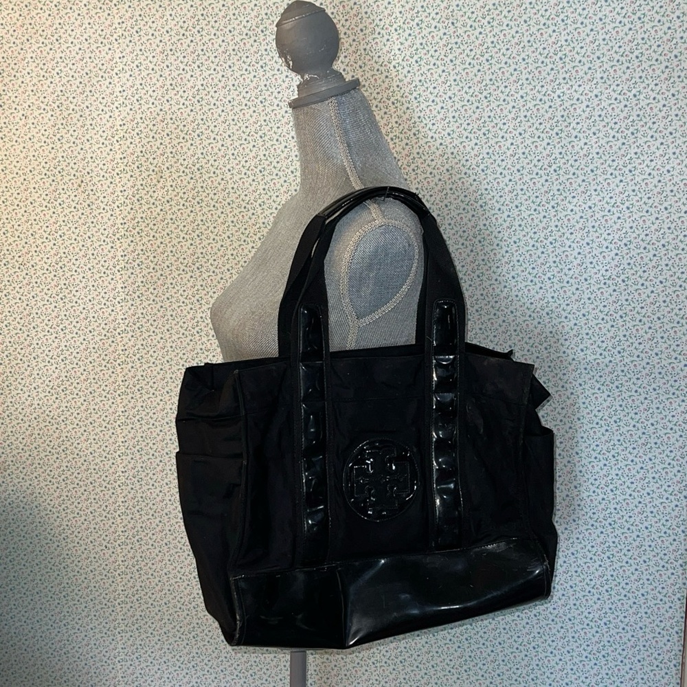 Tory Burch Ella Black Canvas Embossed Logo Tote Large Bag